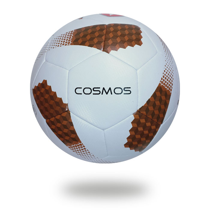 Futsal Cosmos | A Football picture with having a white upper cover that's printed saddle brown and sienna color draw cube